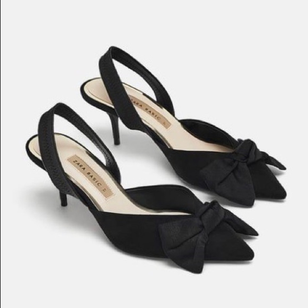 Black Zara Slingback Kitten Heels with Bow
